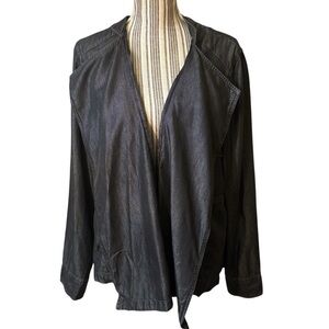 NEW Boutique* Jacket Size 0X Denim Chambray Jacket Blue Black Open Drape Blazer